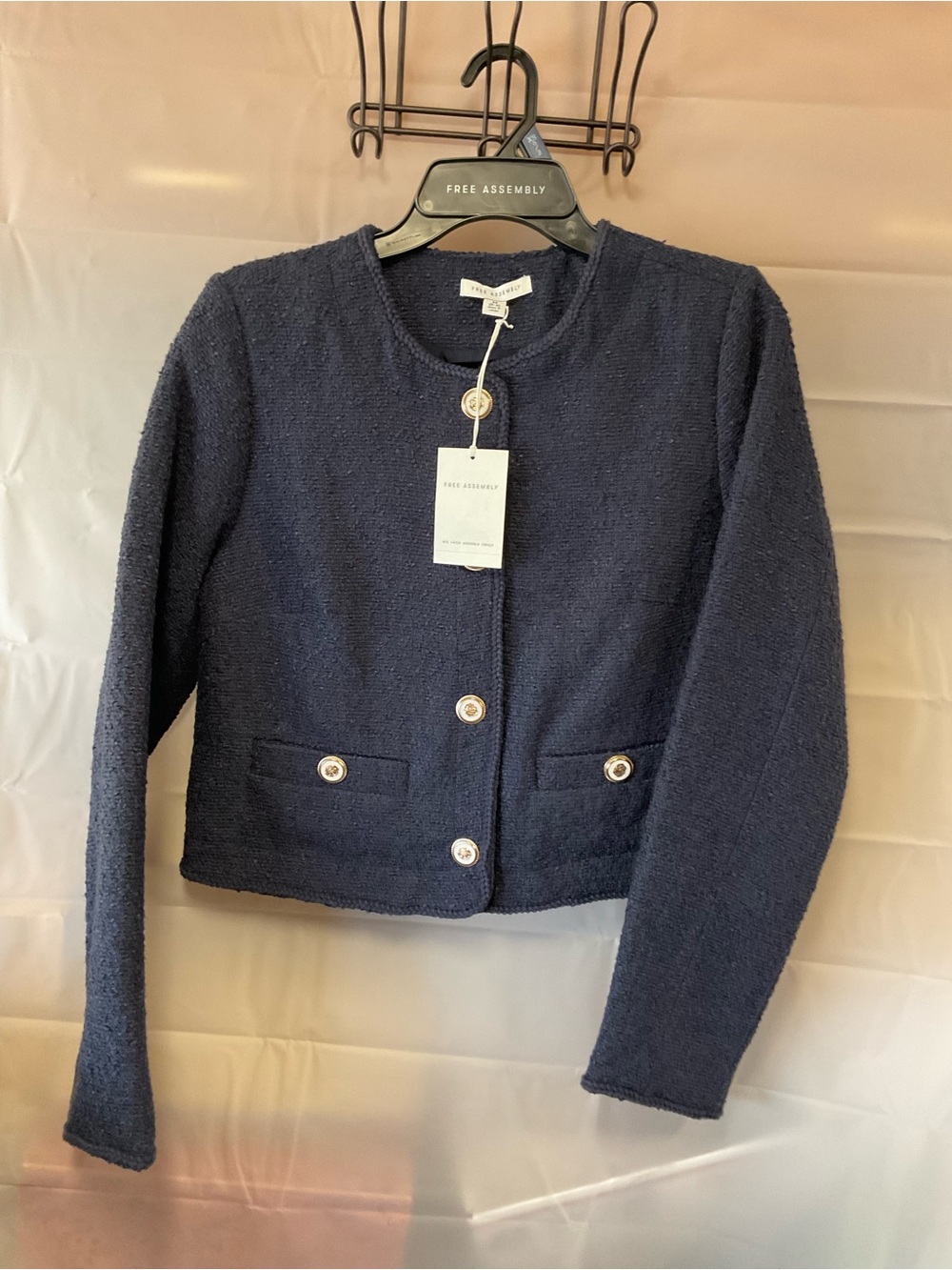 Free Assembly Navy Textured Cropped Bouclé Jacket